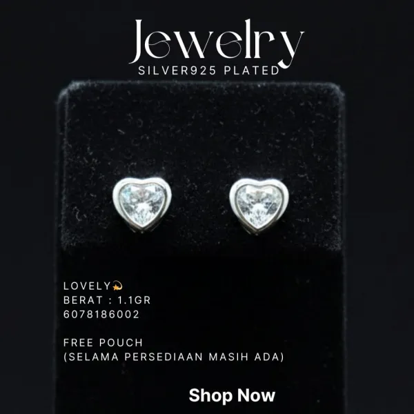 Anting perak 925 model Lovely tusuk dengan zirkonia bentuk hati