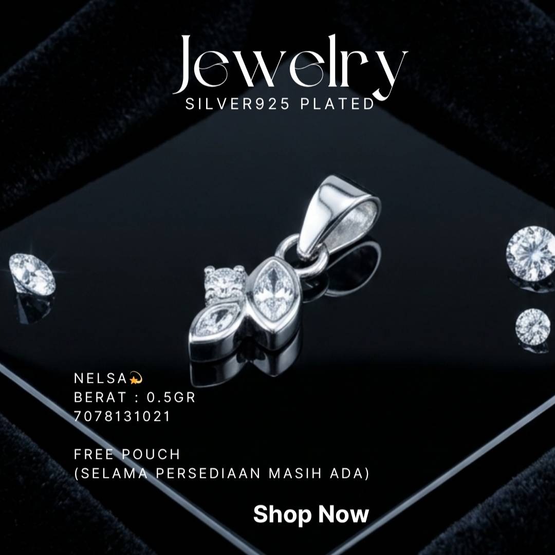 Liontin perak 925 model Nelsa dengan zirkonia marquise dan bulat di atas kaca hitam