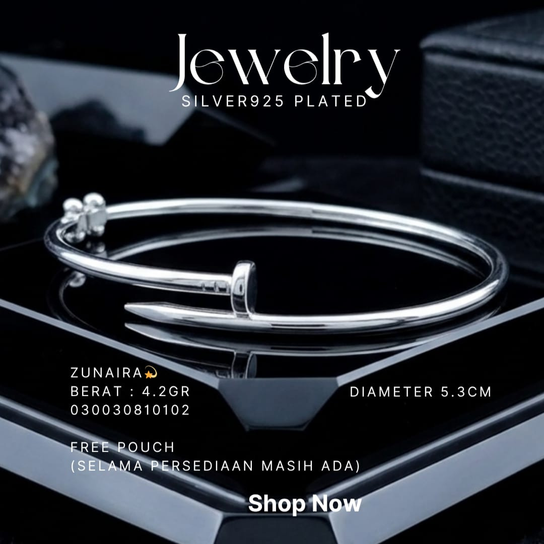 Gelang perak 925 model Zunaira bangle berbentuk paku polos di atas kotak hitam