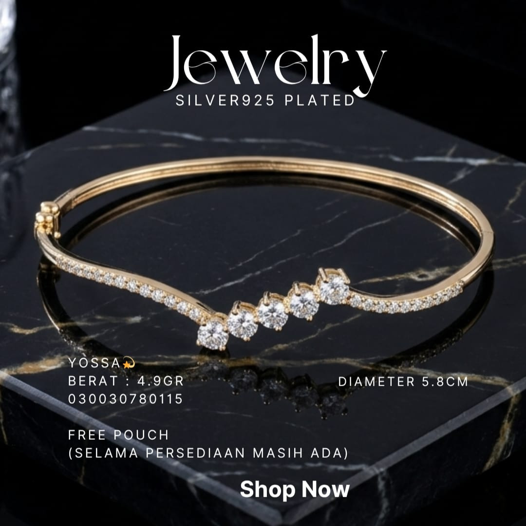 Gelang perak 925 model Yossa bangle warna gold dengan lima zirkonia bulat di atas marmer