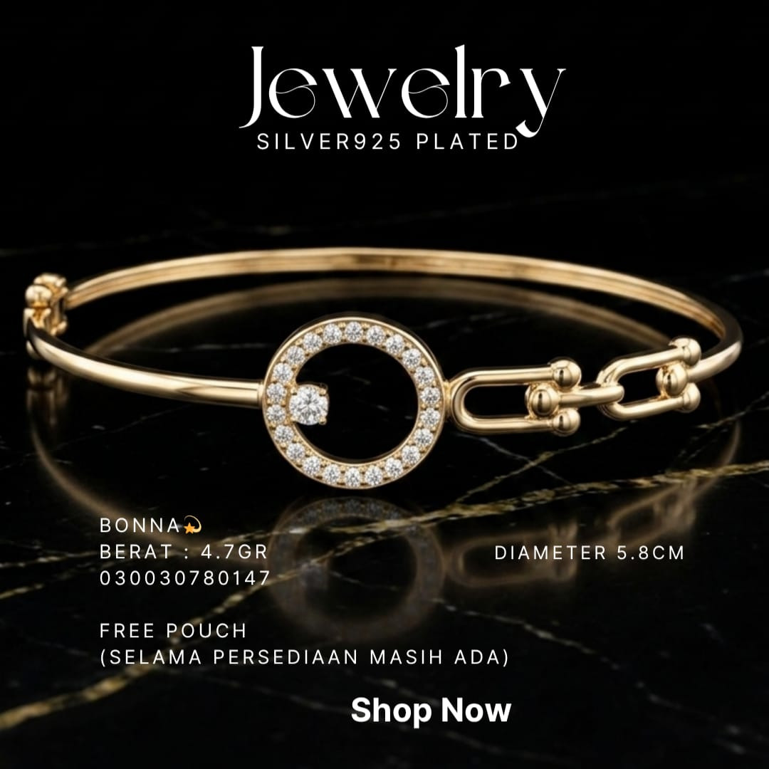 Gelang perak 925 model Bonna bangle warna gold dengan lingkaran zirkonia di atas marmer hitam