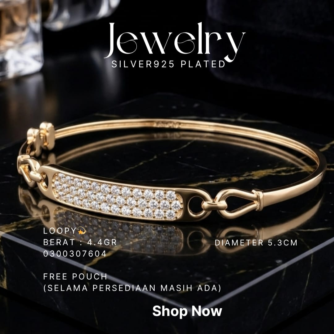 Gelang perak 925 model Loopy bangle warna gold dengan plat zirkonia di atas marmer hitam